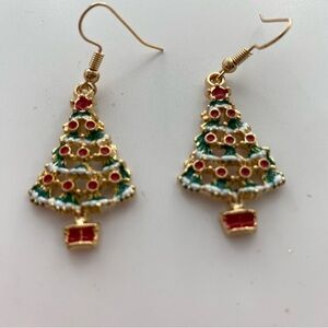 Festive Christmas Tree Earrings Gold tone Pierced Drop Dangle Red White Green